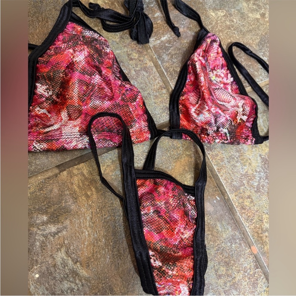 Vibrant Pink Res and Black Snake skin Bikini Thong Set